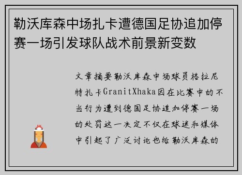 勒沃库森中场扎卡遭德国足协追加停赛一场引发球队战术前景新变数